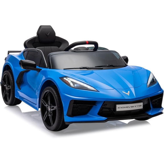 12V Ride On Car Sports Licensed Corvette Electric Car Toy Toddles with Remote Control, Visual Dashboard, LED Lights, Music, Dark Blue