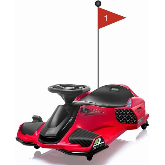 12V Ride-On Drifting Go Kart 45W Brushless Quiet Motor 5 MPH Metal Frame Anti-Tip Wheels LED Lights and Music Red
