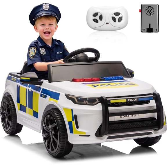 12V Ride-On Police Car with 2.4GHz Remote Control, Dual 35W Motors, 12V 4.5Ah Battery, Flashing Emergency Lights, Megaphone, Bluetooth Speaker, USB, LED Headlights, Suspension, 66 lb Capacity,White