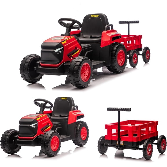 12V Ride-On Tractor with Detachable Trailer, Remote Control, 8-Wheel Battery Powered Vehicle, Bluetooth Music, 12.5 MPH, 66 lb Capacity, Ages 38,Red