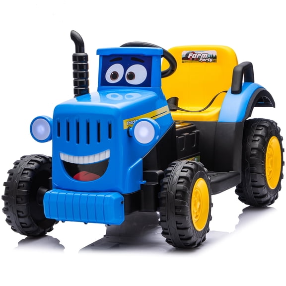 12V Ride On Tractor for Toddlers, Cute Electric Car for Boys & Girls, Power Car Wheels with LED Lights, Music, Horn, Safety Belt, Blue