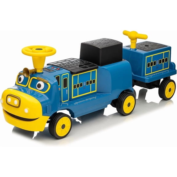 12V Ride-On Train Trackless 2+1 Seats Locomotive and Carriage Height-Adjustable Seat Storage Rubber Wheels Headlight Horn Blue