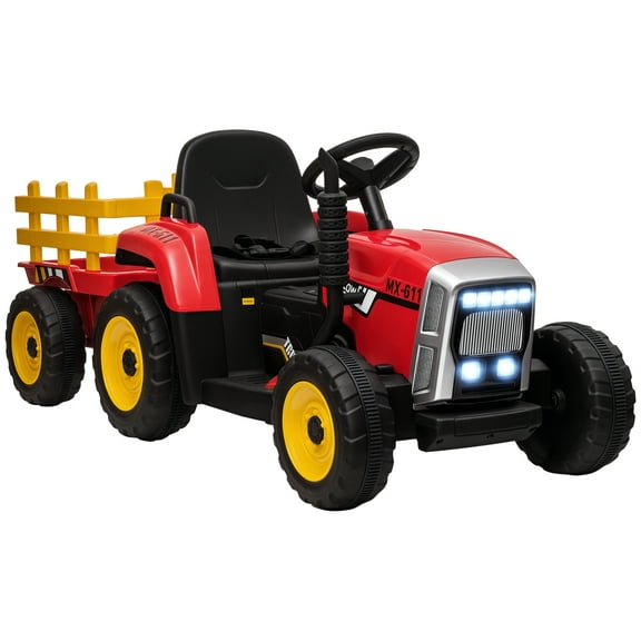 12V Ride on Tractor with Trailer, 25W Dual Motors, Battery Powered Electric Tractor with Remote Control, Music Startup Sound and Horn, LED Lights, Red