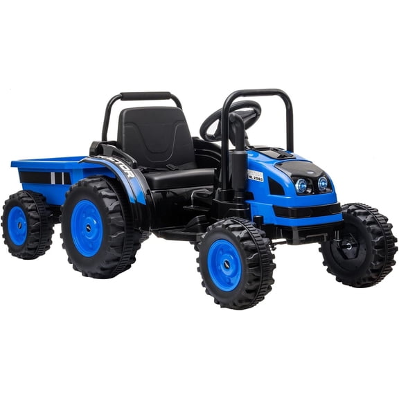 12V Ride On Tractor with Trailer, Battery Powered Electric Tractor with Remote Control, Music, USB, Led Lights, Audio, Safety Belt, 35W Dual Motors, Unload Button,Blue