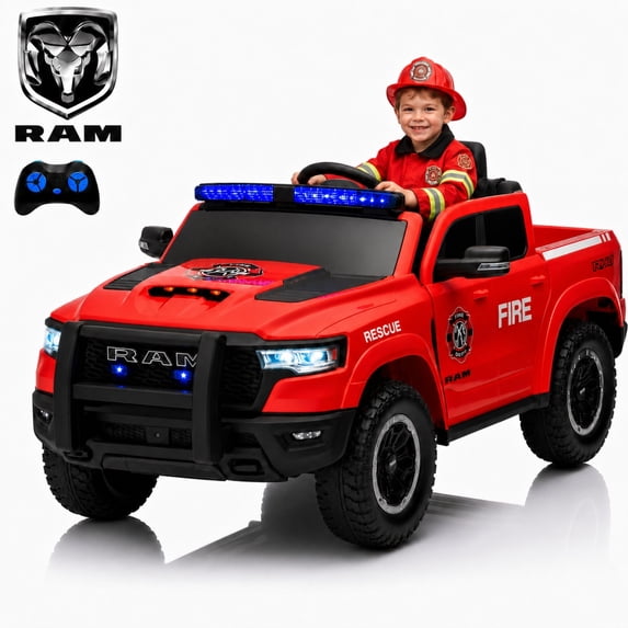 12V Ride on Truck Cars, SHINPT RAM1500 Battery Powered Ride on Toy w/ Parent Remote Control, 4-Wheel Suspension, LED Lights, Bluetooth Music,Kids Electric Ride on Car for Ages 3-6, Fire Truck, Red