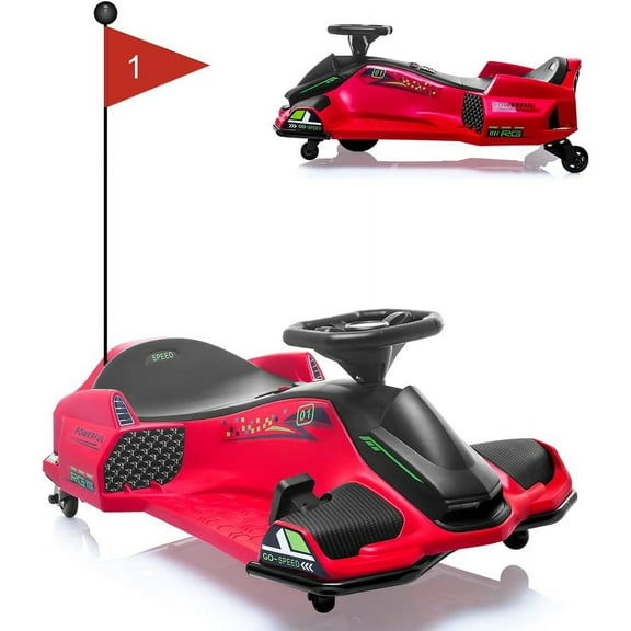12V Ride on Drift Car,Electric Drifting Go-Kart High/Low Variable Speed with 5 Wheels,Built-in Music,Front+Tail LED Light,Low-Power Alarm(Red)