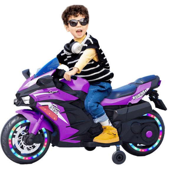 12V Ride on Electric Car Toy, Electric Kids Motorcycle with LED, Bluetooth,Music,Horn,110Lbs Load,Violet