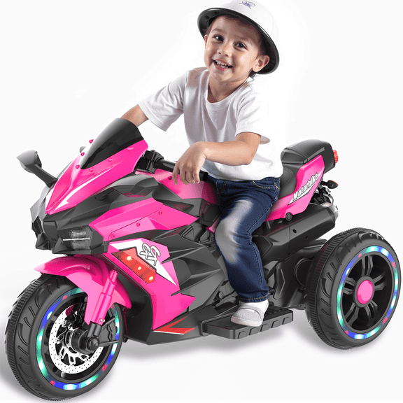 HNH 12V Ride on Motorcycle for Kids, Battery Powered 3 Wheels Motorcycle Toy with Bluetooth, Music, Light