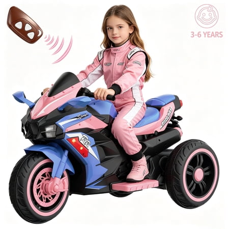 HNH 12V Ride on Motorcycle for Kids, 3 Wheels Battery Powered Motorcycle Toy with Remote Control, Bluetooth, Music, Light