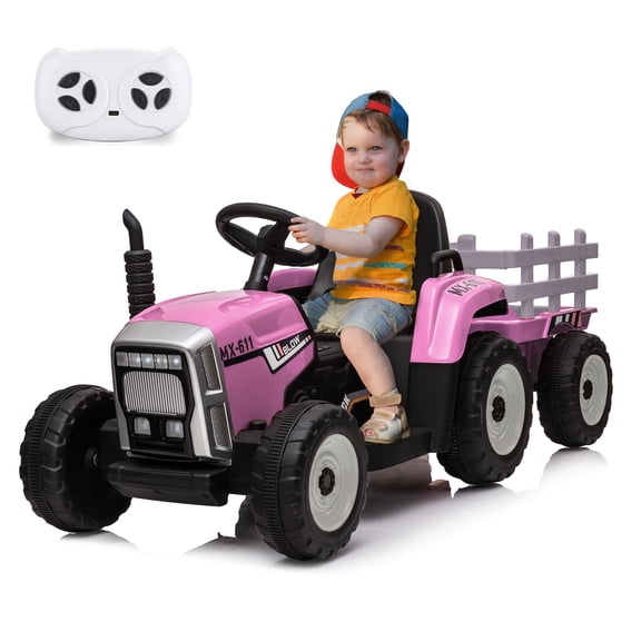 12V Ride-on Tractor with Trailer & Remote Control | 5 MPH, 35W EVA Tires, LED Lights, MP3 Player & Bluetooth – Electric Toy Vehicle for Kids Ages 3–6 (Pink)