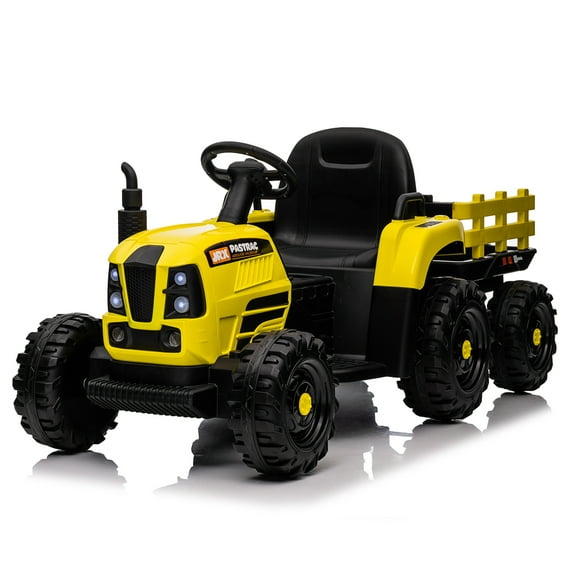 12V Ride on Tractor with Trailer, 3 Speed Adjustable Battery Powered Electric Tractor with Remote Control MP3 LED Light