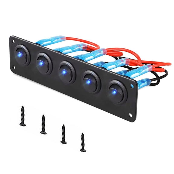 12V Rocker Switch Panel Circuit Breaker Waterproof 5 Gang 3 Pin On/Off Toggle LED Switches for RV Marine Car Vehicle Trailer Truck SUV Boat RV Ship DC 12V/24V 20A