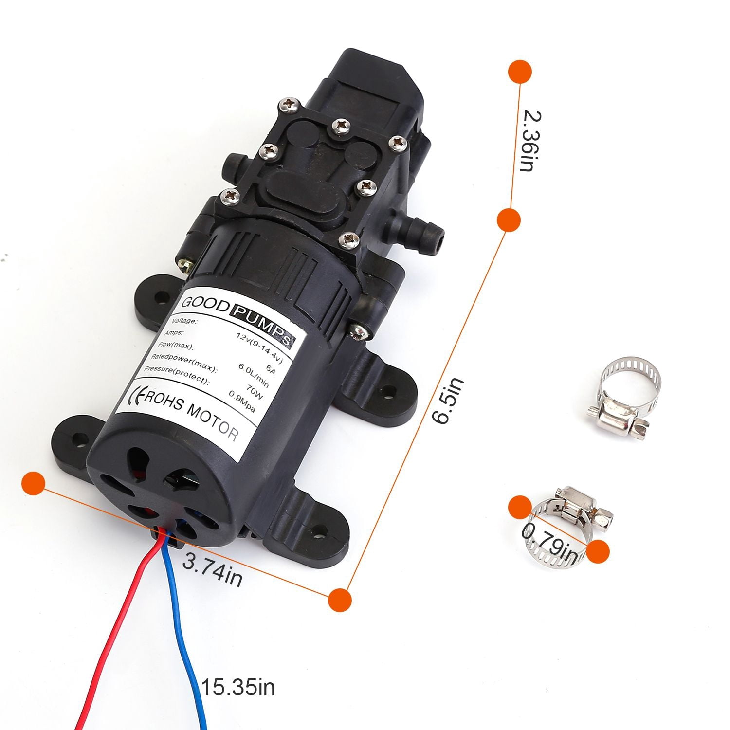 12V Self Priming Diaphragm Water Pump 130PSI 70W 6L/Min Electric Water Transfer Pump with 2 Hose Clamps for RV Camper Marine Boat Garden Sprayer  RLB