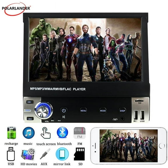 12V Single Din MP5 Car Stereo System 7 Inch Resistive Touch Screen Bluetooth Phone Projection Memory Function FM87.5-108MHz