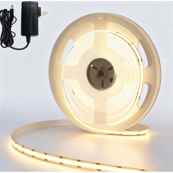 12V Thin COB LED Strip Light 5mm PCB  width,4000K 16.4ft(5M) Flexible 3M Adhesive Tape, CRI>90 320 LEDs/M 7W/M Dotless High Density for Cabinet/Stairs/Shop DIY( Power Adaptor Included)