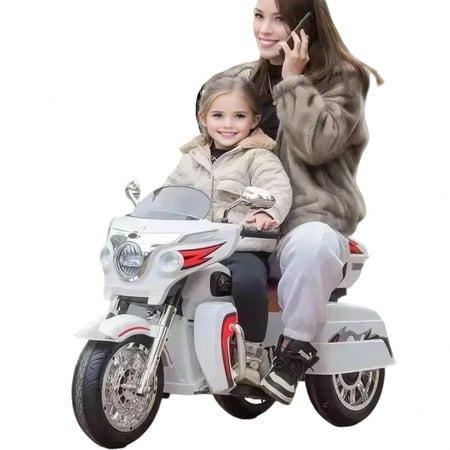 12V Two-Seat Ride On Motorcycle, Dual Motor Kids Electric Motorcycle Toy, Ride On Motorbike with Key Start, 3 Wheels Headlight, Storage Box, Bluetooth, Music - White