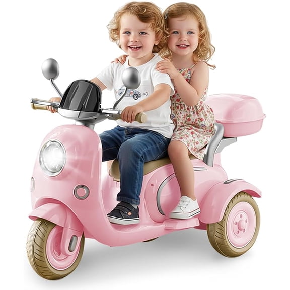 12V Two motors Kids Ride On Level Up Two-seater Electric Motorcycle,Three-wheel Toy w/Music,Bluetooth,USB,Backseat flip adult seat,Portable Storage Hooks&Oversized Trunk,LED Headlight For Kids 3-6