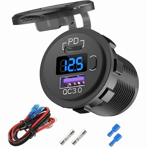 12V USB C Car Charger Socket, 38W 12V USB Cigarette Lighter Replacement with PD 3.0 and QC 3.0 Car USB Port, Waterproof 12 Volt USB Outlet with Power Switch Voltmeter for Car Marine Truck RV