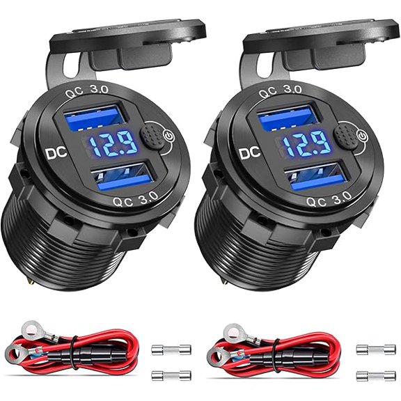 12V USB Outlet 2 Pack, Dual Quick Charge 3.0, Socket Waterproof Aluminum Charger with LED Voltmeter and Power Switch, Adapter for Marine Motorcycle Truck Golf Cart RV, Car etc.