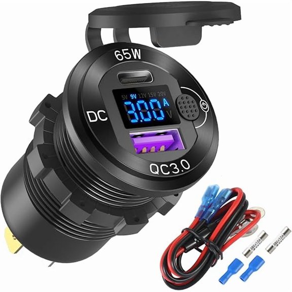 12V USB Outlet Aluminum Car Charger PD65W Port for Laptops, Quick Charge 3.0 USB Port for Car, Built-in Boost 15V 20V Output Socket Waterproof with Voltmeter and Switch for RV Marine Boat, etc