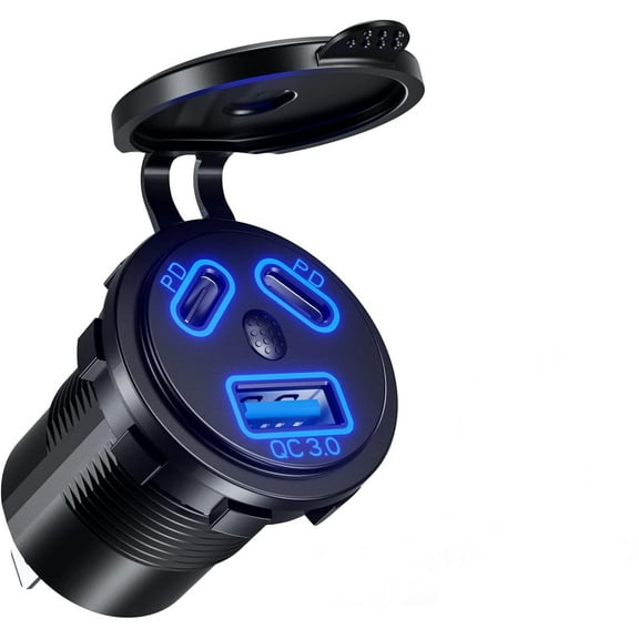 12V USB Outlet Car Charge, 108W Super Fast Dual PD3.0 & QC3.0 3-Port Multiple Port for Car, USB C Cigarette Lighter Replacement 12 Volt Socket Waterproof for Marine Motorcycle RV Golf Cart