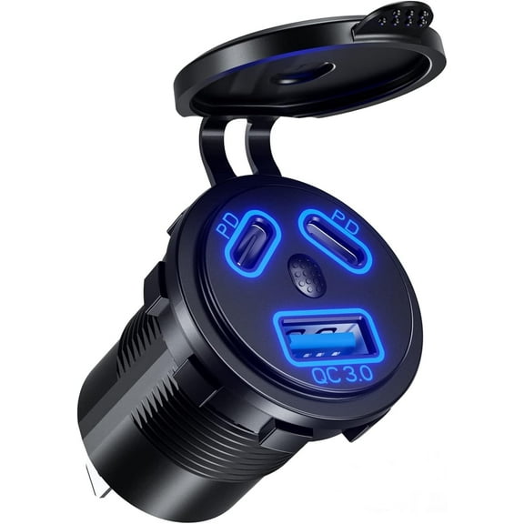 12V USB Outlet Car Charge, 108W Super Fast Dual PD3.0 & QC3.0 3-Port Multiple USB Port for Car, USB C Cigarette Lighter Replacement 12 Volt Socket Waterproof for Marine Motorcycle RV Golf Cart