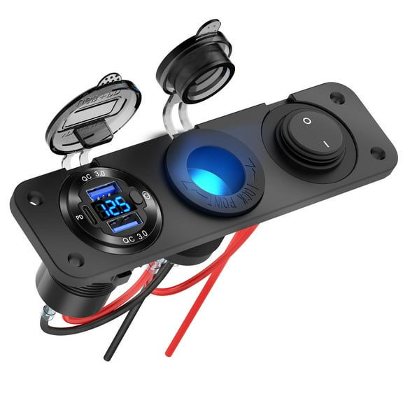 12V USB Outlet Marine Switch Panel Plug, PD3.0 and Dual QC3.0 USB Ports Aluminum Car Charger with LED Voltmeter Power Switch, Lighted 150W Cigarette Lighter Socket 2 in 1 DIY Kit for Boat RV ATV, etc