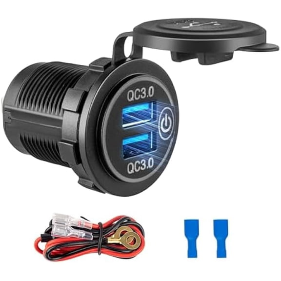 12V USB Outlet Quick Charge 3.0 Dual USB Charger Socket,Lighter Socket with LED Voltmeter, Fast Charging Adapter Compatible with iPhone 14/13 Galaxy S23/22 Google Pixel ,