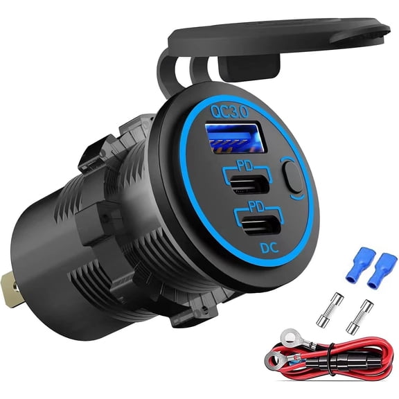 12V USB Outlet Wire Charger Multi Port, Dual PD3.0 USB-C and Quick Charge3.0 Car Port Socket with Power Switch, Fast Charge for Phone lPad Android Phones, Suitable Boat RV Marine ATV