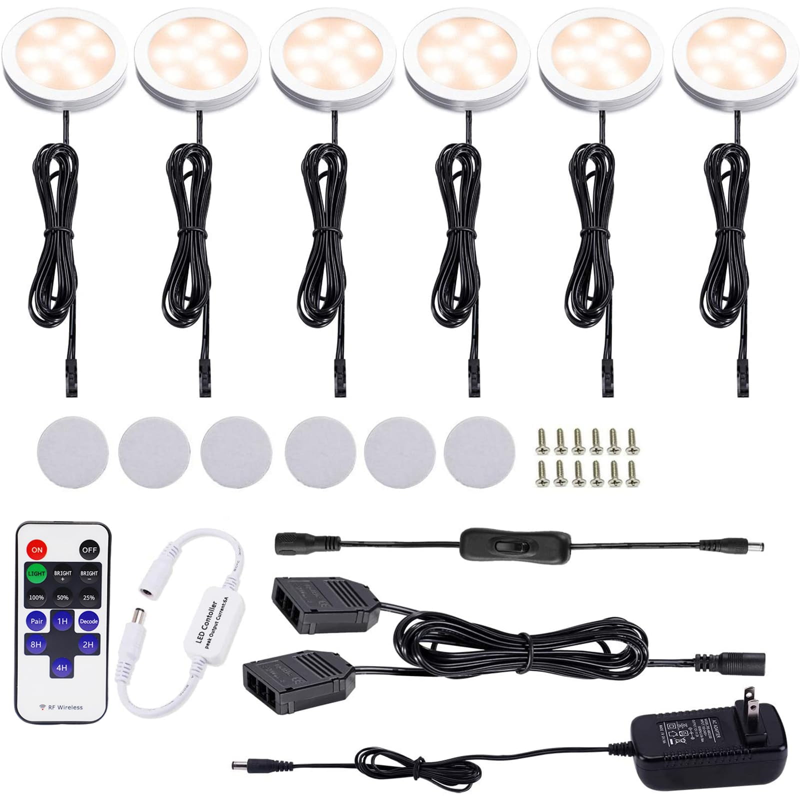 LED Under Cabinet Lights Kit - 6 Pack of Black Cord Aluminum Puck Lights for Kitchen Counter and Closet Lighting with Wireless Dimmable RF Remote Control (12W, Warm White 2700K)