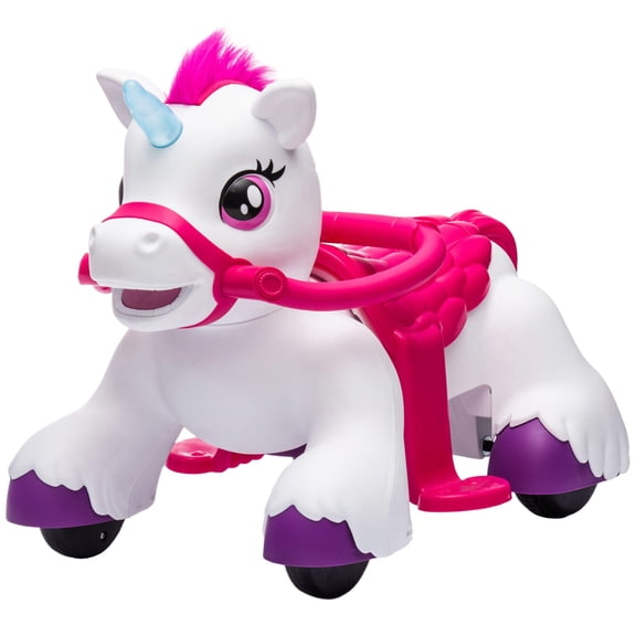 12V Unicorn Ride On Horse with Carrot Toy Comb and Animal Sounds for Kids 1.5 to 3 Years Old
