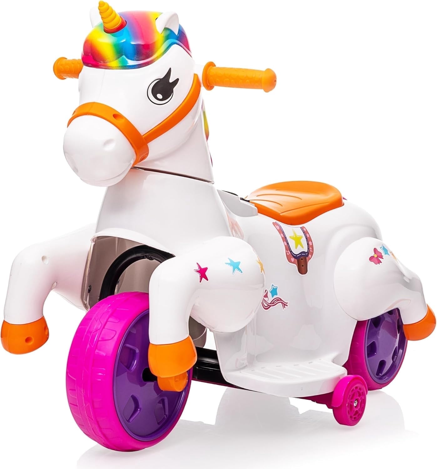 12V Unicorn Ride on Toys, 3-Wheeler Battery Powered Motorized Ride on Horse with Training Wheels, Rainbow Unicorn