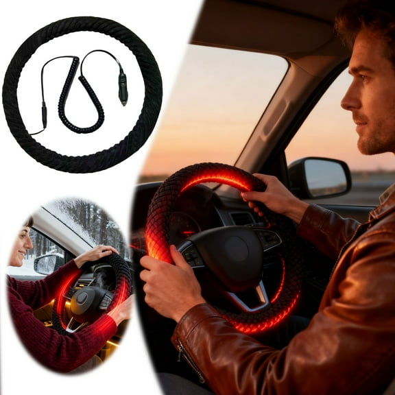 12V Universal Heated Steering Wheel Cover - Plug & Play Car Heating Sleeve for Cold Weather, Cigarette Lighter Powered, Polyester Comfort Grip