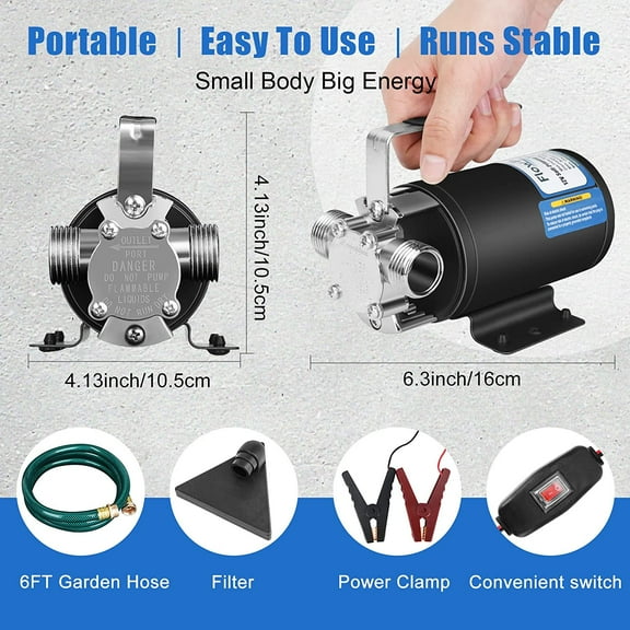 12V Water Pump 1/10 330 GPH Water Transfer Pump With 3/4 inch Ports Suction Hose And Spare Parts Electric Water Pump Utility Pump-Black