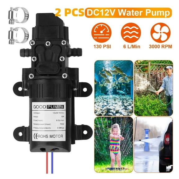 12V Water Pump with 2 Hose Clamps 130PSI Self Priming Sprayer Pump 70W Electric Diaphragm Water Pump 6L/Min for RV Marine Boat