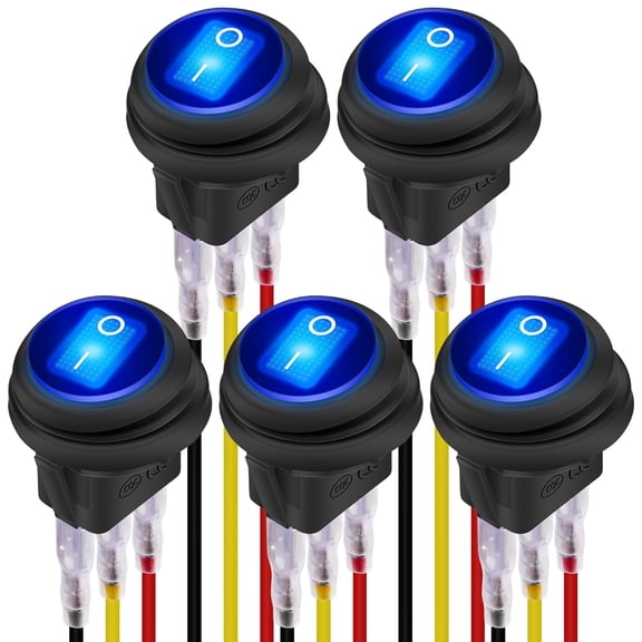 12V Waterproof Round Rocker Switch Blue LED Lighted [UL Listed] ON Off 3 Pin 12 Volt 20A Weatherproof Illuminated Toggle for Marine Car RV Truck -5Pack