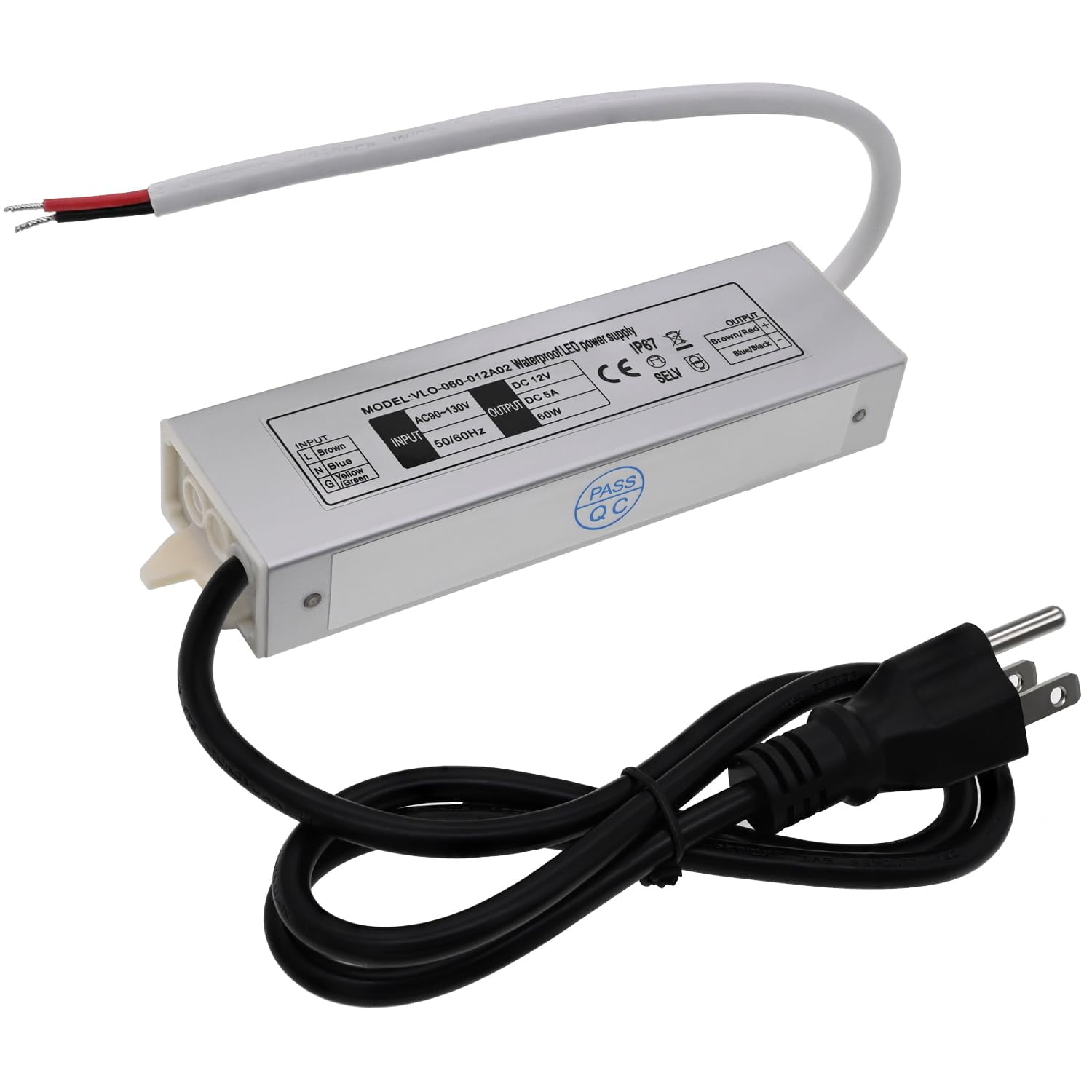 12V power supply, 60W low voltage transformer adapter, ultra-thin design 90-130V to 12V 5A 60W driver, waterproof 67, suitable for indoor and outdoor lighting use