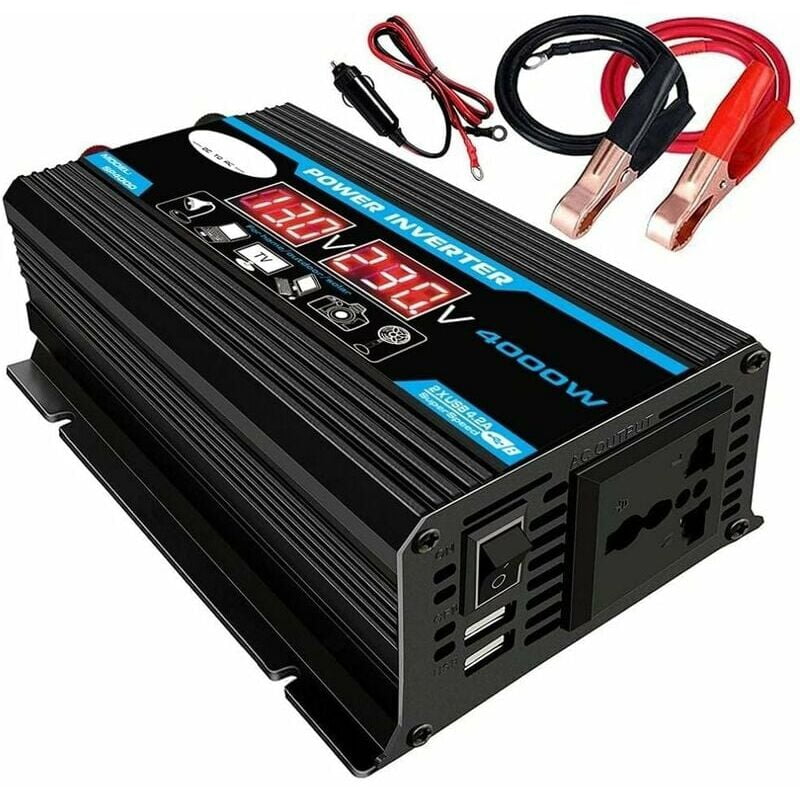 12V to 220V/110V AC Converter for Cars, Dual USB & Modified Transformer Powerful 4000W Pure Sine Wave Inverter