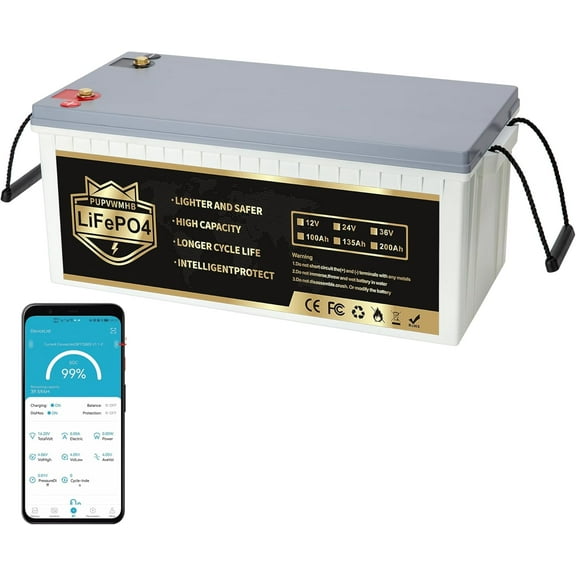 12V200Ah Bluetooth LiFePO4 Lithium Battery, Built-in 200A BMS, Max.2560W Load Power,10 Years Lifetime 8000  Cycles Deep Cycle Battery for Trolling Motor, RV Camping, Off-grid Application