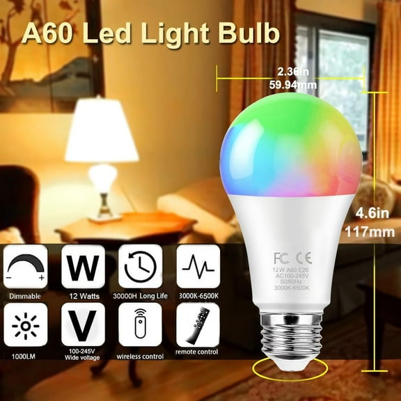 12W A60 Smart LED Light Bulb with a 2.4GHz Remote Control,RGBCW Color Changing,Stepless Dimmable 3000-6500K,100W Incandescent Lamp Equivalent,1000LM CRI>80,E26 Base,Home Decor,2 Bulbs & 1 Remote