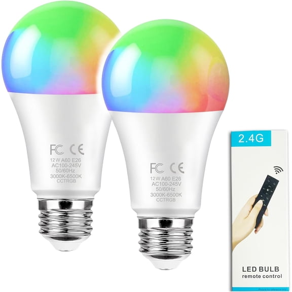 12W A60 Smart LED Light Bulb with a 2.4GHz Remote Control,RGBCW Color Changing,Stepless Dimmable 3000-6500K,100W Incandescent Lamp Equivalent,1000LM CRI>80,E26 Base,Home Decor,2 Bulbs & 1 Remote