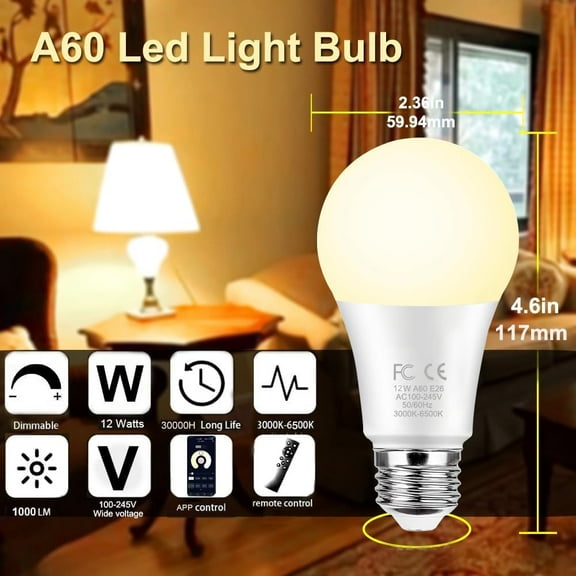12W A60 Smart Light Bulb with a 2.4GHz Remote Control,Color Changing Led Bulb,Stepless Dimmable 2700-6500K,100W Incandescent Lamp Equivalent,1000LM CRI>80,E26 Base,Home Decor,1 Bulb & Remote