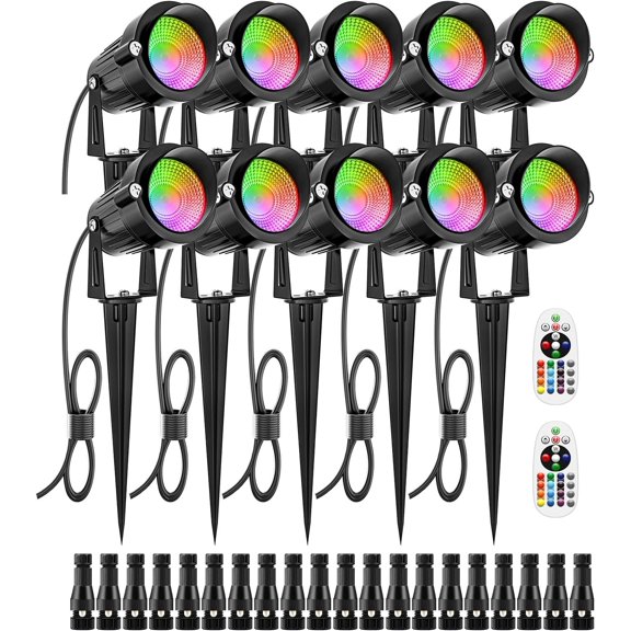 12W Color Changing Landscape Lights RGB Low Landscape Lighting Remote Control, LED Outdoor Spotlight for Garden Pathway House Christmas Decor, 10 Pack with Connector