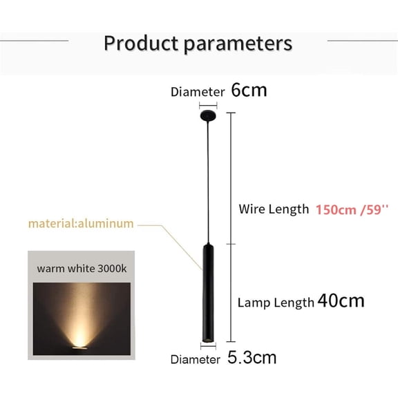 12W Dia 5CM L40CM Tube LED COB Modern Pendant Lights Spot Light for Kitchen Island Dining Living Room Bar Hanging Lamp Downlight Ceiling Display Restaurant Lighting - Warm White