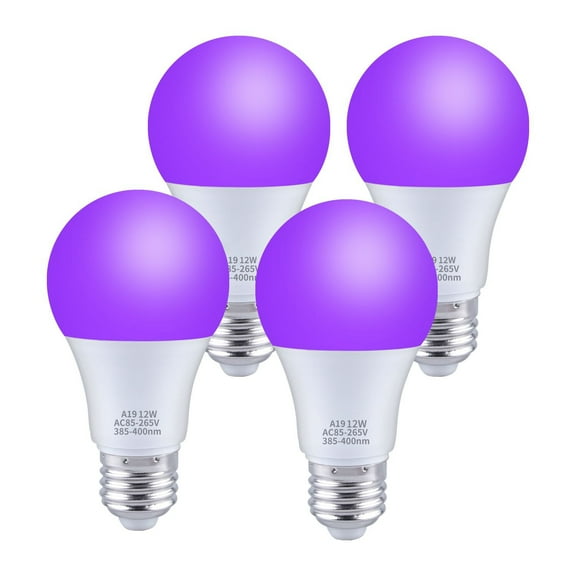 12W LED Blacklight Bulb A19 E26 Base UV Black Light Bulb Fluorescent Glow in the Dark Party, 4Pcs