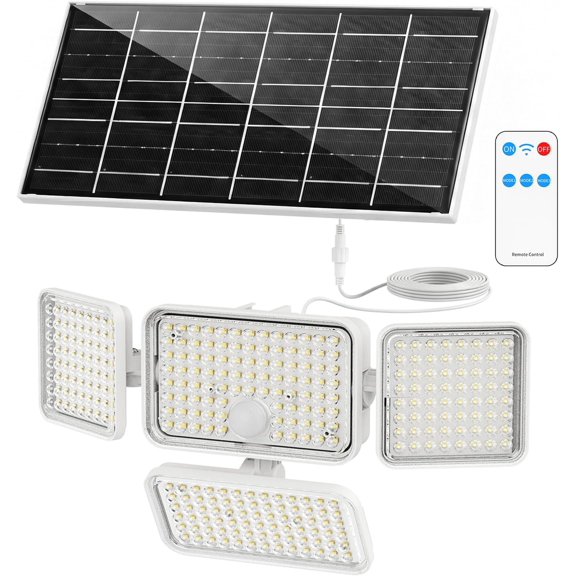 12W Solar Motion Light Outdoor, 1500LM Solar Flood Light with Separate Solar Panel and 16.4ft , Remote Control, 301 LEDs 6500K IP65 Light for Garage, Driveway, Backyard and Shed
