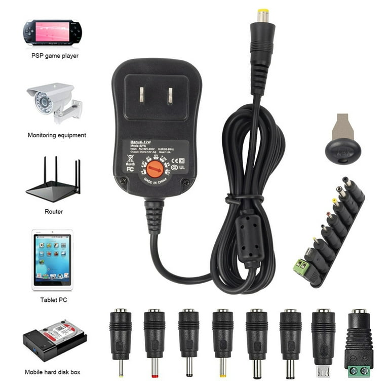 12W Universal AC/DC Adapter Switching Power Supply with 8 Selectable Adapter Tips, for 3V to 12V Household Electronics, Black