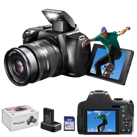 12X Optical Zoom 4K Vlogging Camera - 72MP, WiFi & App Control, 180 Flip Screen, Auto Focus, Dual Batteries, 59mm Wide Angle & Macro Lens, 64GB SD Card Included