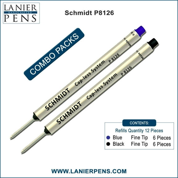 12X Schmidt P8126 Capless System Rollerball Refill Black/Blue Ink Fine Tip
