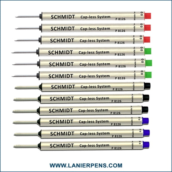 12X Schmidt P8126 Capless System Rollerball Refill Green/Red/Black/Blue Fine Tip